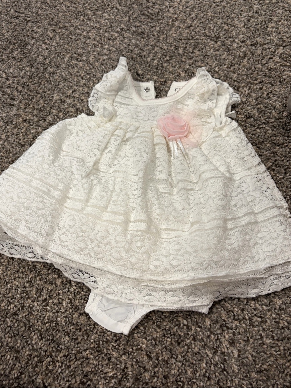 White Lace Baby Christening Dress with Pink Flower | 3 months